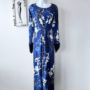 NWT Maria Rao Floral Beaded Boho Velvet Sleeve Modest Blue Caftan
